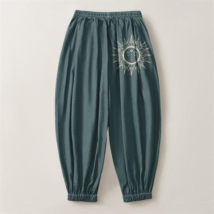 Buddha Stones Pantalones harem para hombre de algodón puro con estampado de cara de sol, cordón ajustable y bolsillos. - image 14