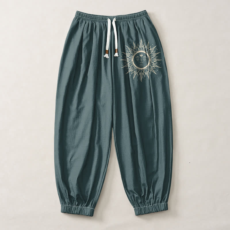 Buddha Stones Pantalones harem para hombre de algodón puro con estampado de cara de sol, cordón ajustable y bolsillos. - image 13