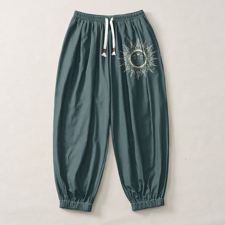 Buddha Stones Pantalones harem para hombre de algodón puro con estampado de cara de sol, cordón ajustable y bolsillos. - image 13
