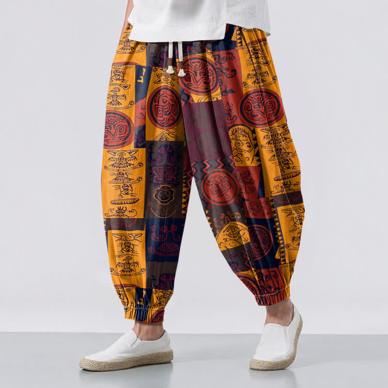 Buddha Stones Pantalones harem para hombre de algodón puro con estampado de medallón tribal y cordón ajustable, con bolsillos. - vara de oro - US/UK/AU50, EU60 (5XL) - image 0