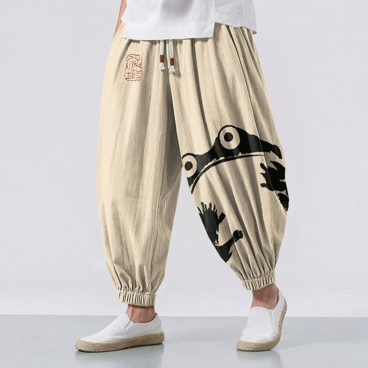 Buddha Stones Pantalones harem para hombre de algodón puro con estampado de ranas y cordón ajustable, con bolsillos. - Beige - US/UK/AU50, EU60 (5XL) - image 0