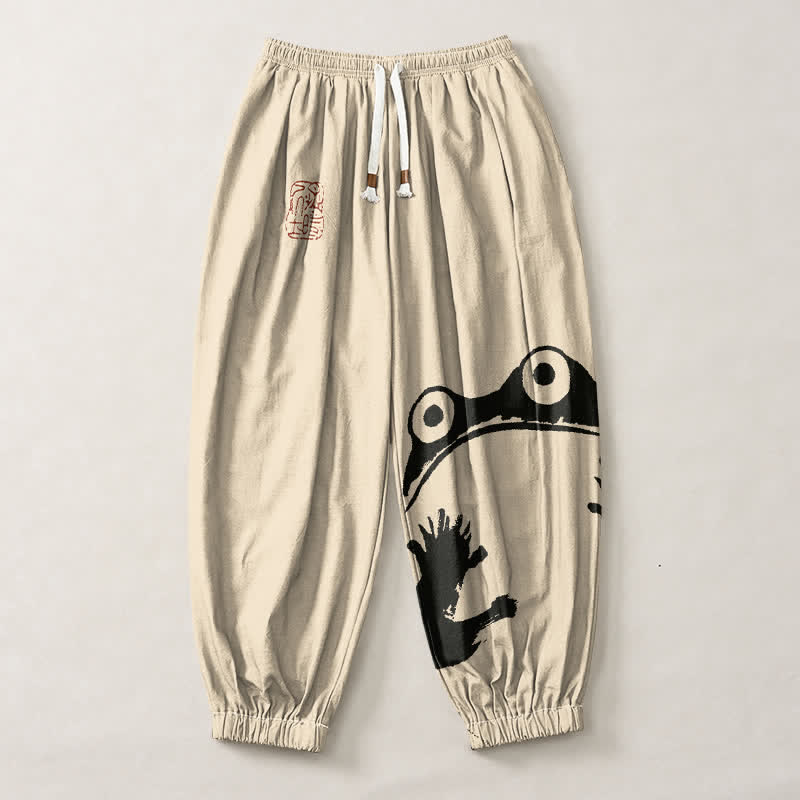 Buddha Stones Pantalones harem para hombre de algodón puro con estampado de ranas y cordón ajustable, con bolsillos. - image 1