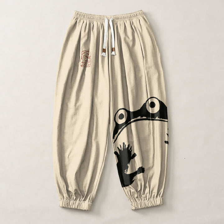 Buddha Stones Pantalones harem para hombre de algodón puro con estampado de ranas y cordón ajustable, con bolsillos. - image 1
