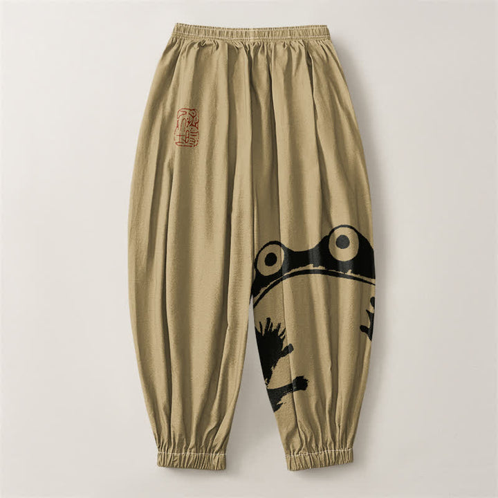 Buddha Stones Pantalones harem para hombre de algodón puro con estampado de ranas y cordón ajustable, con bolsillos. - image 8