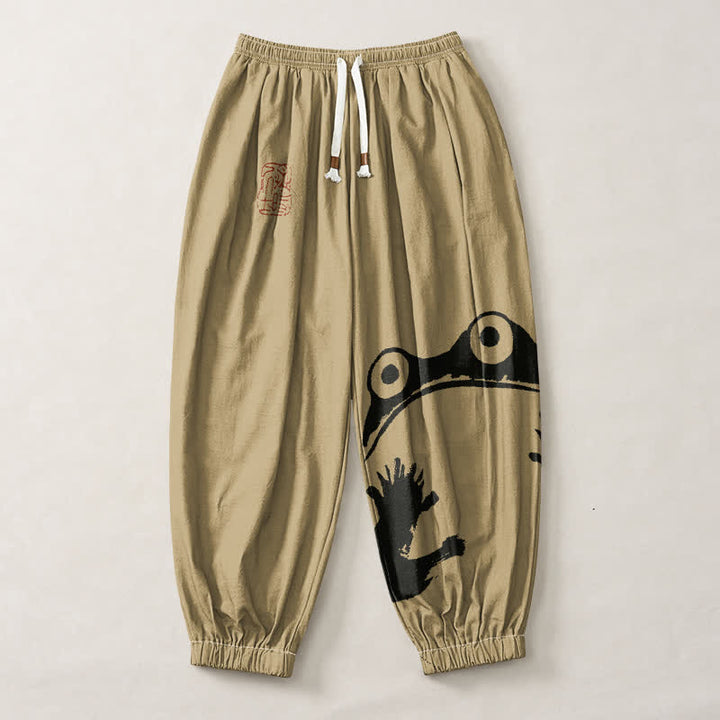 Buddha Stones Pantalones harem para hombre de algodón puro con estampado de ranas y cordón ajustable, con bolsillos. - image 7