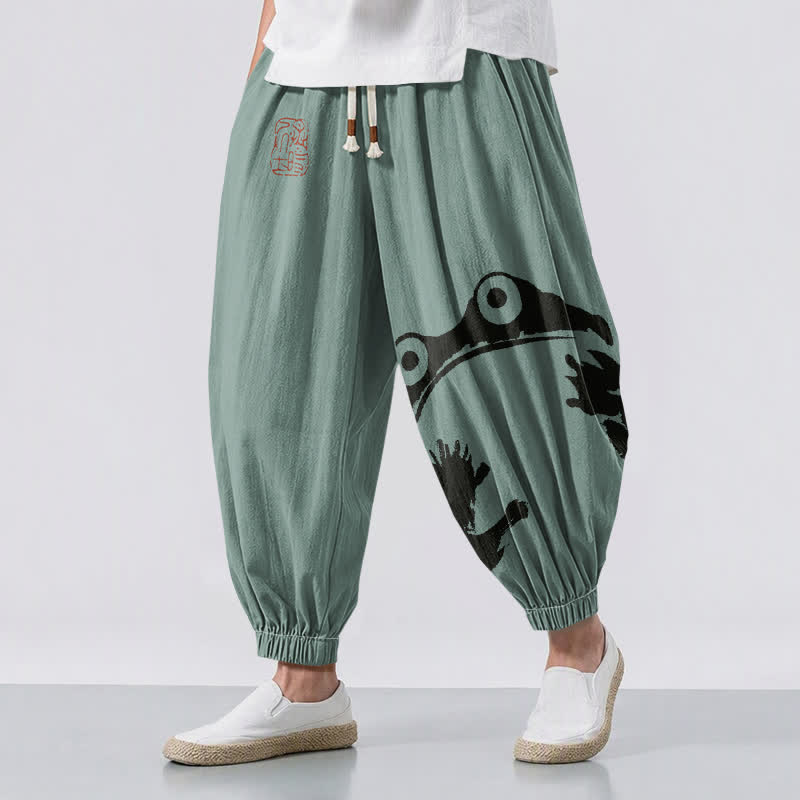 Buddha Stones Pantalones harem para hombre de algodón puro con estampado de ranas y cordón ajustable, con bolsillos. - Azul cadete - US/UK/AU50, EU60 (5XL) - image 12