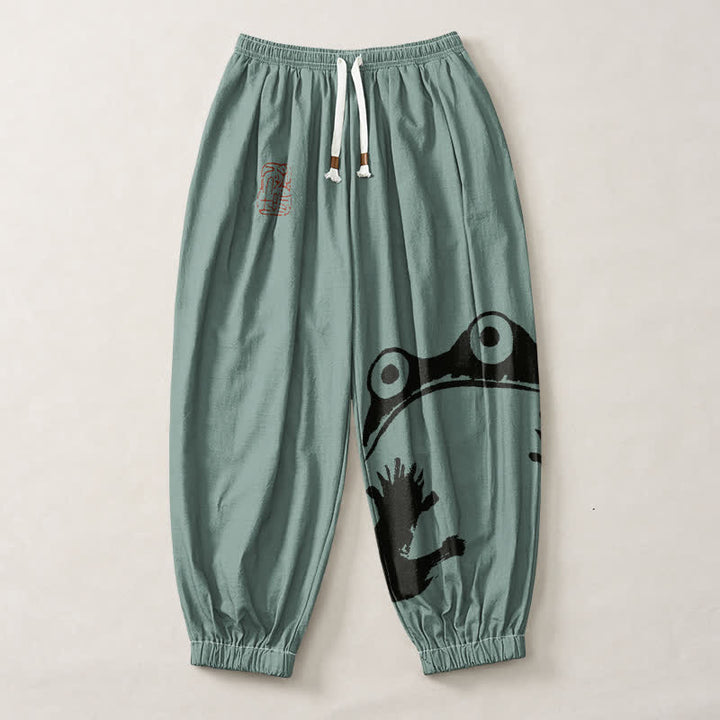 Buddha Stones Pantalones harem para hombre de algodón puro con estampado de ranas y cordón ajustable, con bolsillos. - image 13