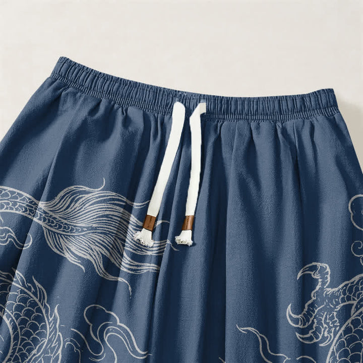 Buddha Stones Pantalones harem para hombre de algodón puro con estampado de dragones y nubes, cordón ajustable y bolsillos. - image 9