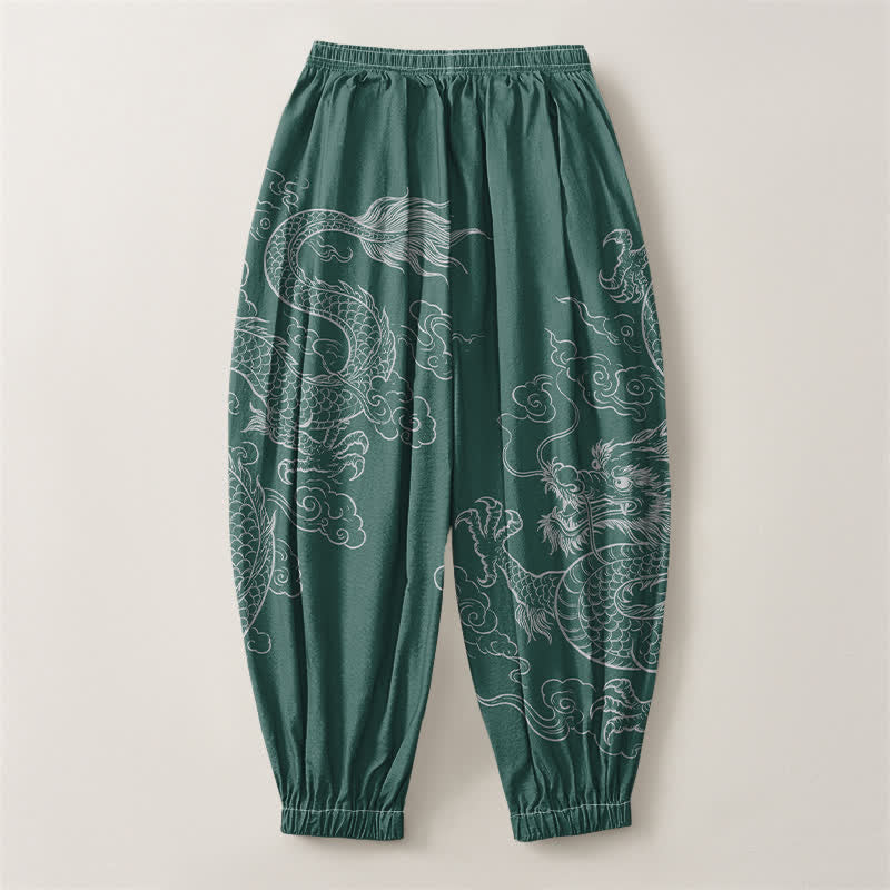 Buddha Stones Pantalones harem para hombre de algodón puro con estampado de dragones y nubes, cordón ajustable y bolsillos. - image 14