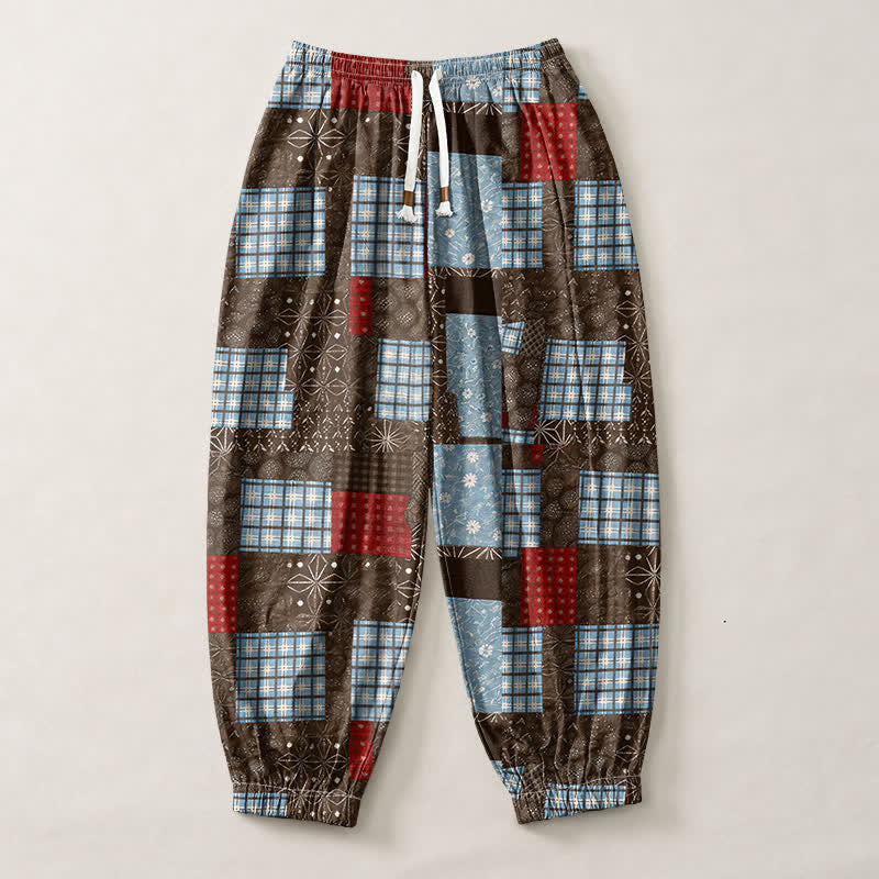 Buddha Stones Pantalones harem para hombre de algodón puro con estampado de patchwork vintage a cuadros, cordón ajustable y bolsillos. - image 1