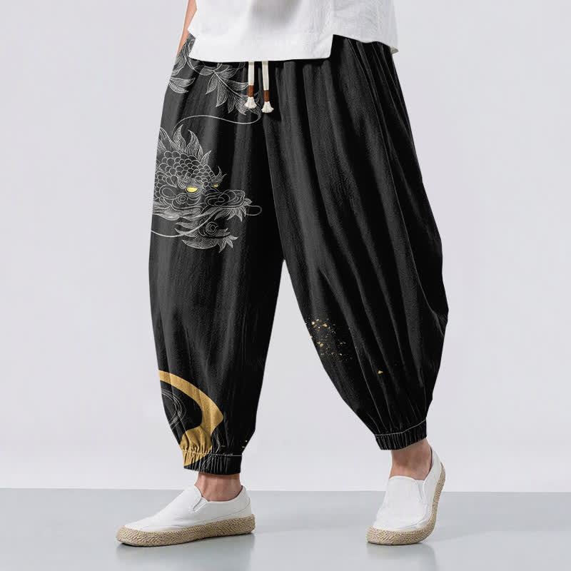 Buddha Stones Pantalones harem para hombre de algodón puro con estampado de dragón oriental, cordón ajustable y bolsillos. - Negro - US/UK/AU50, EU60 (5XL) - image 0