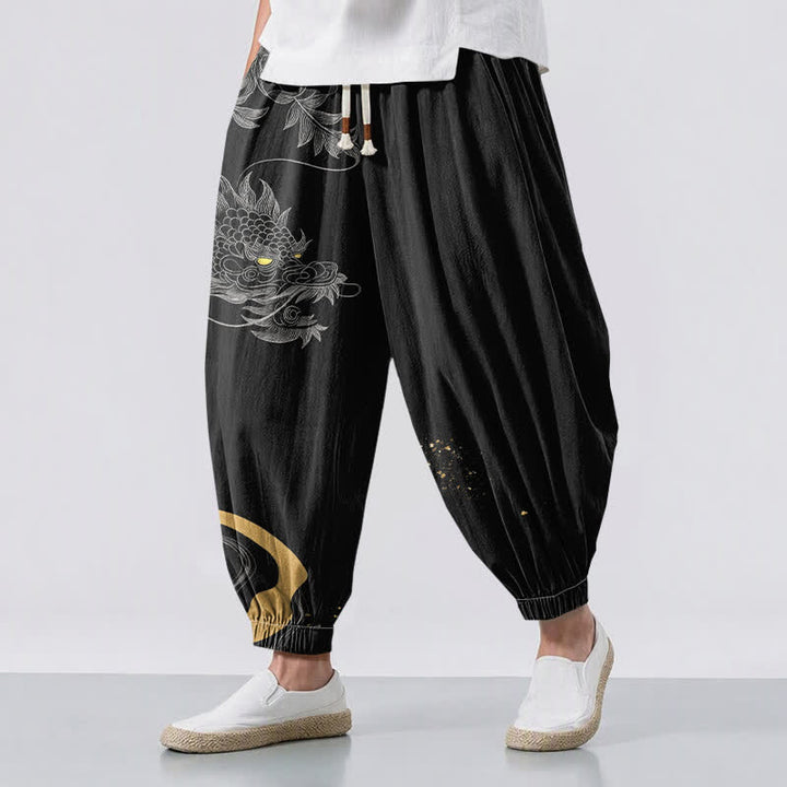 Buddha Stones Pantalones harem para hombre de algodón puro con estampado de dragón oriental, cordón ajustable y bolsillos. - Negro - US/UK/AU50, EU60 (5XL) - image 0