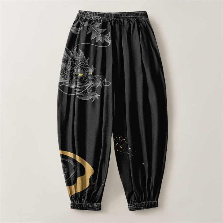 Buddha Stones Pantalones harem para hombre de algodón puro con estampado de dragón oriental, cordón ajustable y bolsillos. - image 2