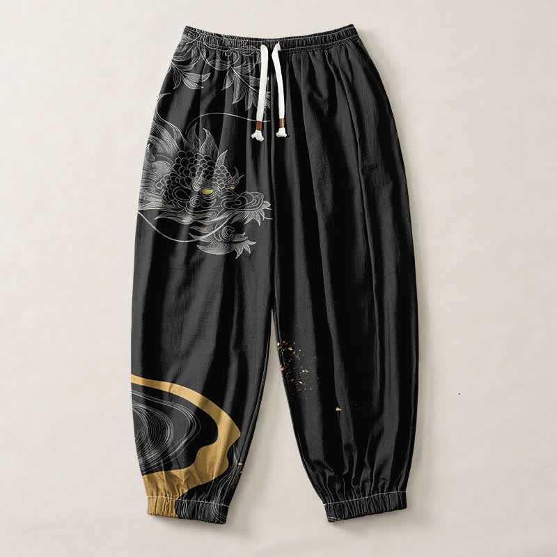 Buddha Stones Pantalones harem para hombre de algodón puro con estampado de dragón oriental, cordón ajustable y bolsillos. - image 1