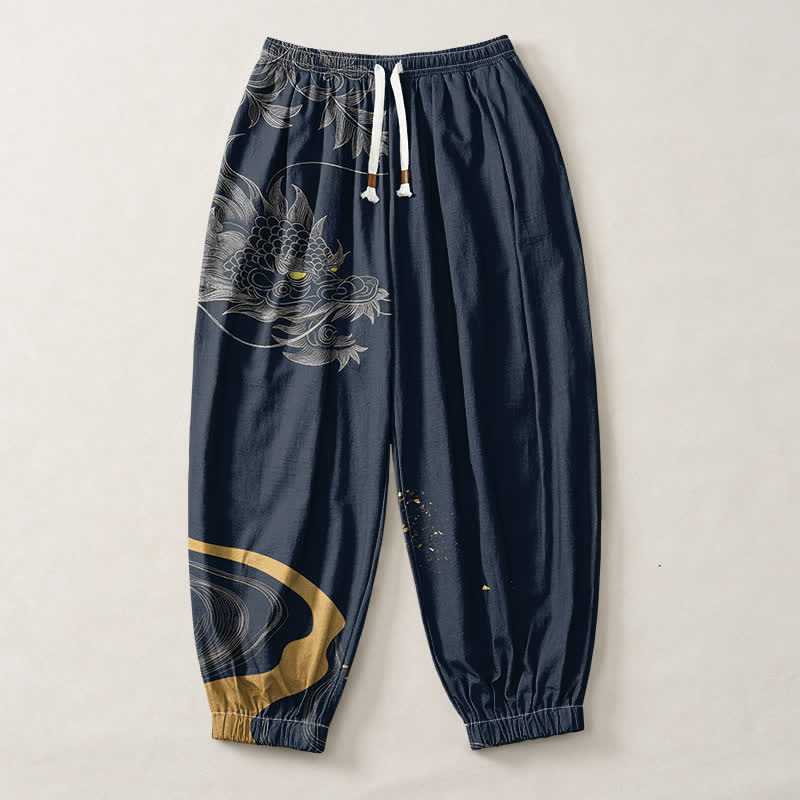 Buddha Stones Pantalones harem para hombre de algodón puro con estampado de dragón oriental, cordón ajustable y bolsillos. - image 7
