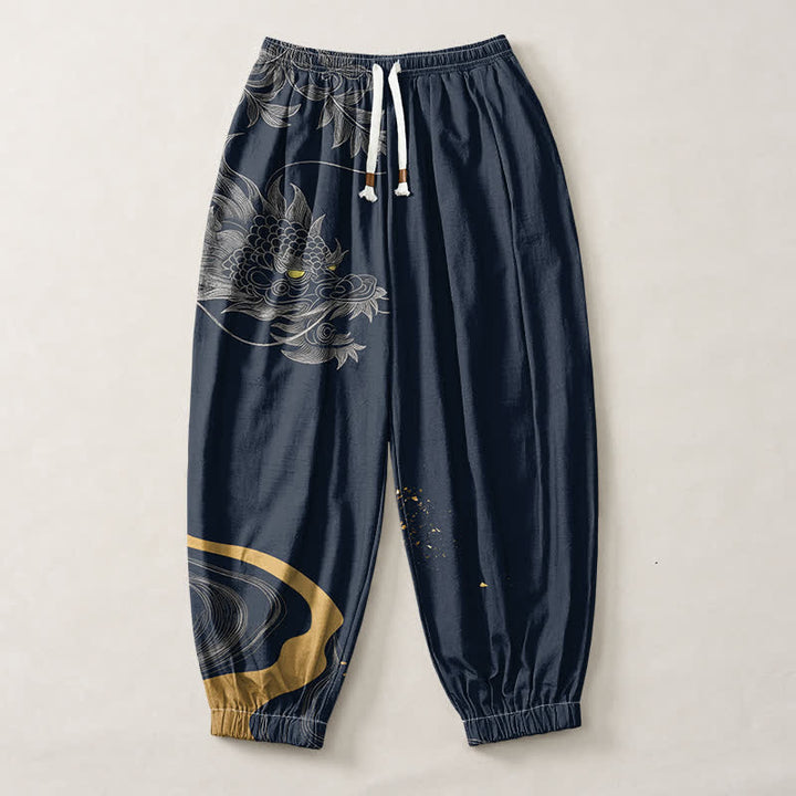 Buddha Stones Pantalones harem para hombre de algodón puro con estampado de dragón oriental, cordón ajustable y bolsillos. - image 7