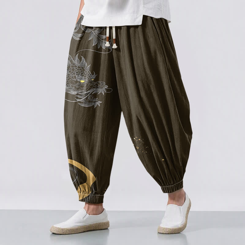 Buddha Stones Pantalones harem para hombre de algodón puro con estampado de dragón oriental, cordón ajustable y bolsillos. - Aceituna - US/UK/AU50, EU60 (5XL) - image 12