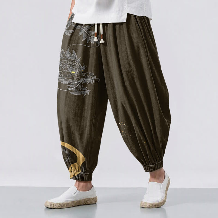 Buddha Stones Pantalones harem para hombre de algodón puro con estampado de dragón oriental, cordón ajustable y bolsillos. - Aceituna - US/UK/AU50, EU60 (5XL) - image 12
