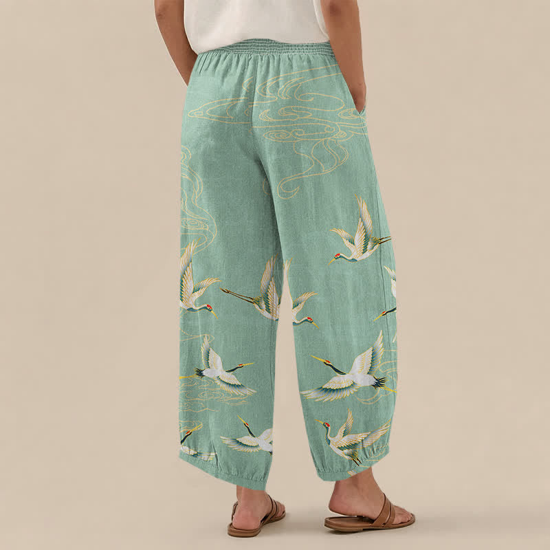 Buddha Stones Pantalones harem de algodón con estampado de grullas orientales y nubes, cintura elástica plisada para mujer y bolsillos. - image 2
