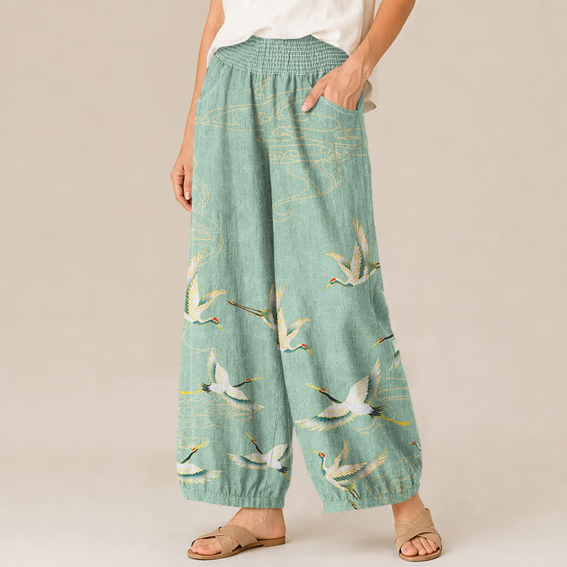 Buddha Stones Pantalones harem de algodón con estampado de grullas orientales y nubes, cintura elástica plisada para mujer y bolsillos. - image 1