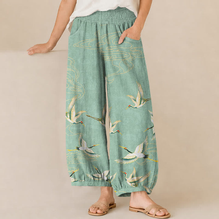 Buddha Stones Pantalones harem de algodón con estampado de grullas orientales y nubes, cintura elástica plisada para mujer y bolsillos. - Aguamarina medio - US16，UK/AU20，EU48 (3XL) - image 0