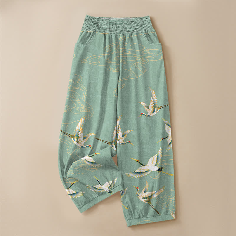 Buddha Stones Pantalones harem de algodón con estampado de grullas orientales y nubes, cintura elástica plisada para mujer y bolsillos. - image 3