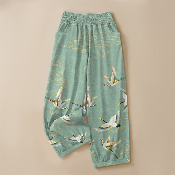 Buddha Stones Pantalones harem de algodón con estampado de grullas orientales y nubes, cintura elástica plisada para mujer y bolsillos. - image 3