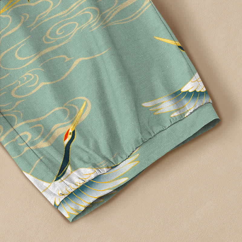 Buddha Stones Pantalones harem de algodón con estampado de grullas orientales y nubes, cintura elástica plisada para mujer y bolsillos. - image 5