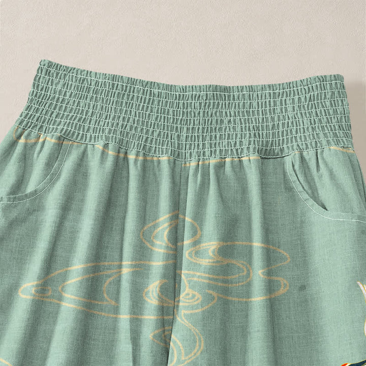 Buddha Stones Pantalones harem de algodón con estampado de grullas orientales y nubes, cintura elástica plisada para mujer y bolsillos. - image 4