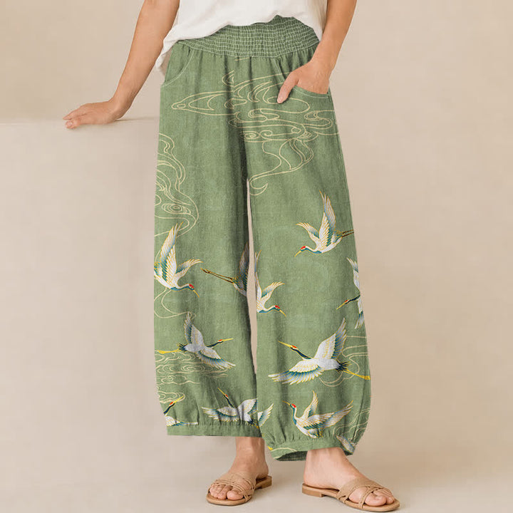 Buddha Stones Pantalones harem de algodón con estampado de grullas orientales y nubes, cintura elástica plisada para mujer y bolsillos. - Verde pálido - US16，UK/AU20，EU48 (3XL) - image 6