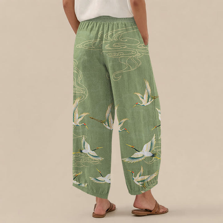 Buddha Stones Pantalones harem de algodón con estampado de grullas orientales y nubes, cintura elástica plisada para mujer y bolsillos. - image 8