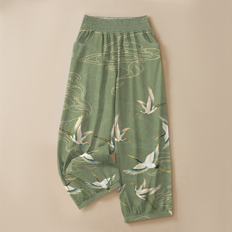 Buddha Stones Pantalones harem de algodón con estampado de grullas orientales y nubes, cintura elástica plisada para mujer y bolsillos. - image 9