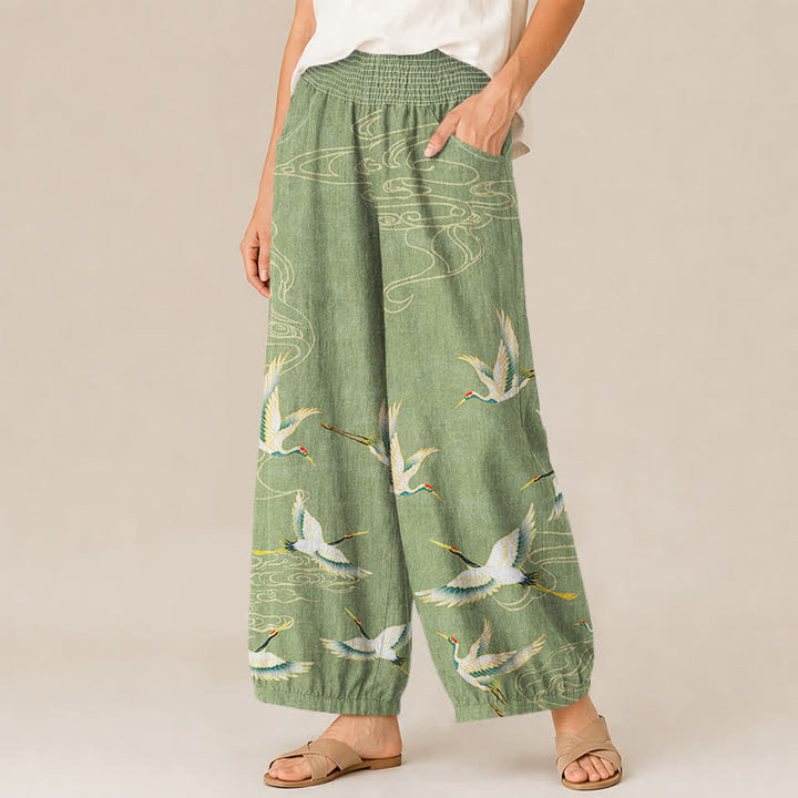 Buddha Stones Pantalones harem de algodón con estampado de grullas orientales y nubes, cintura elástica plisada para mujer y bolsillos. - image 7