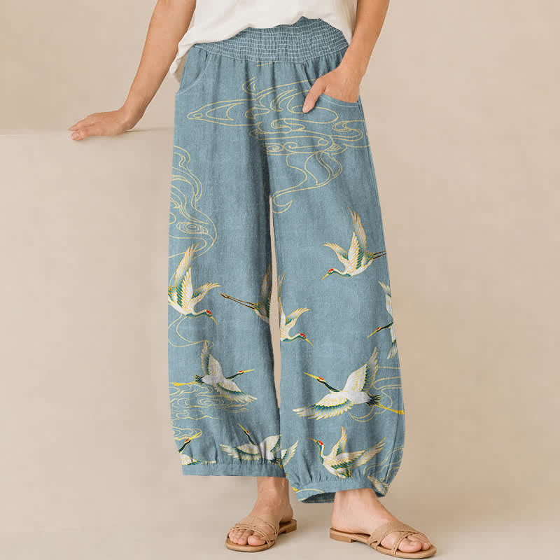 Buddha Stones Pantalones harem de algodón con estampado de grullas orientales y nubes, cintura elástica plisada para mujer y bolsillos. - Azul claro - US16，UK/AU20，EU48 (3XL) - image 10