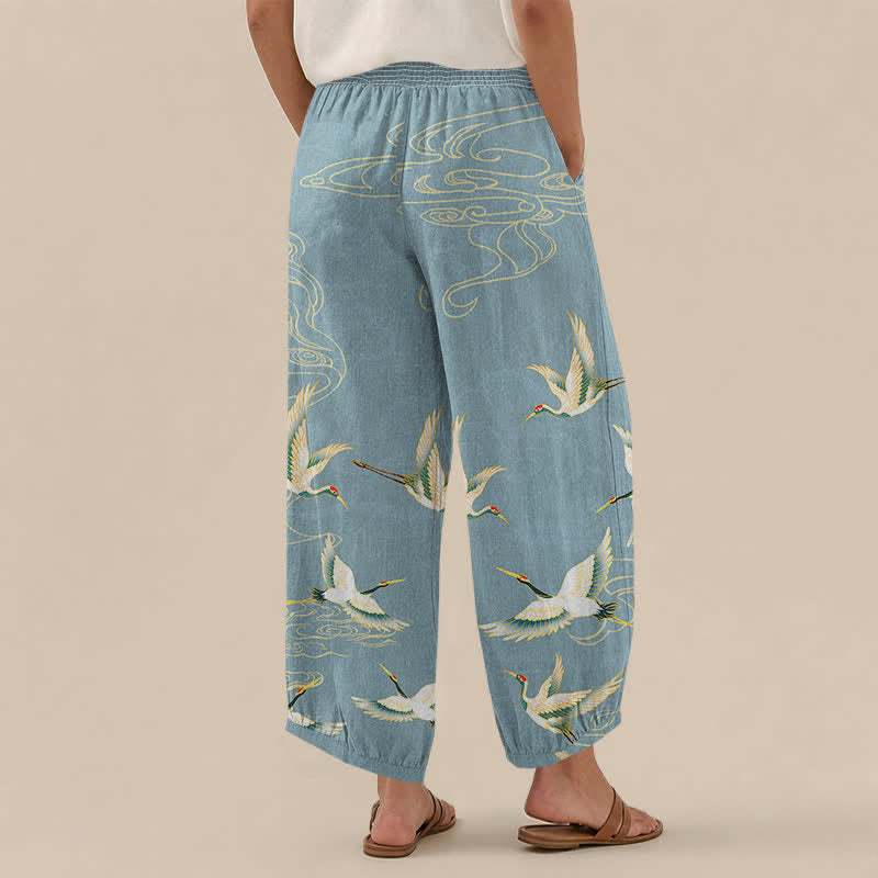 Buddha Stones Pantalones harem de algodón con estampado de grullas orientales y nubes, cintura elástica plisada para mujer y bolsillos. - image 12