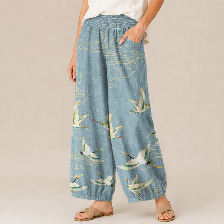 Buddha Stones Pantalones harem de algodón con estampado de grullas orientales y nubes, cintura elástica plisada para mujer y bolsillos. - image 11