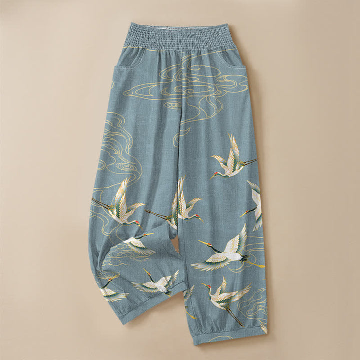Buddha Stones Pantalones harem de algodón con estampado de grullas orientales y nubes, cintura elástica plisada para mujer y bolsillos. - image 13
