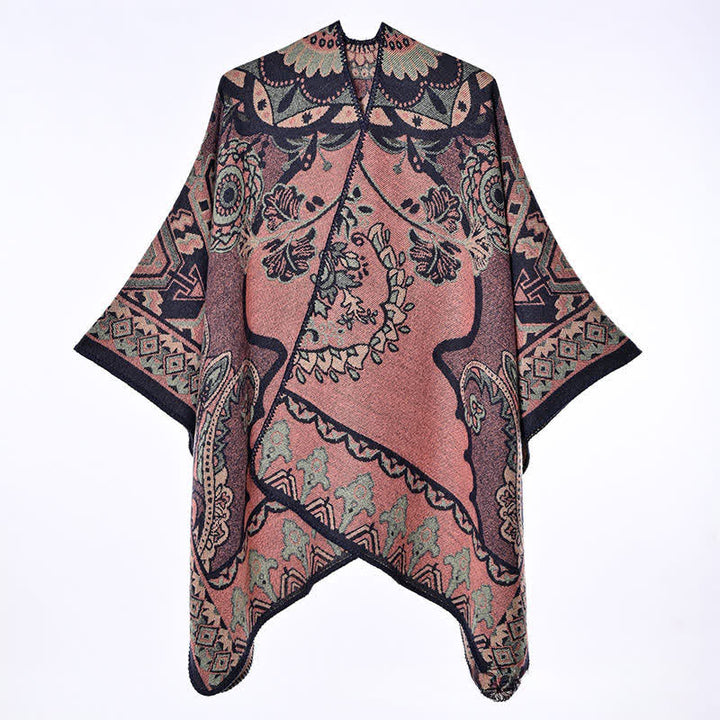 Buddha Stones Chal de mujer con borde geométrico floral estilo vintage para otoño/invierno. - image 12