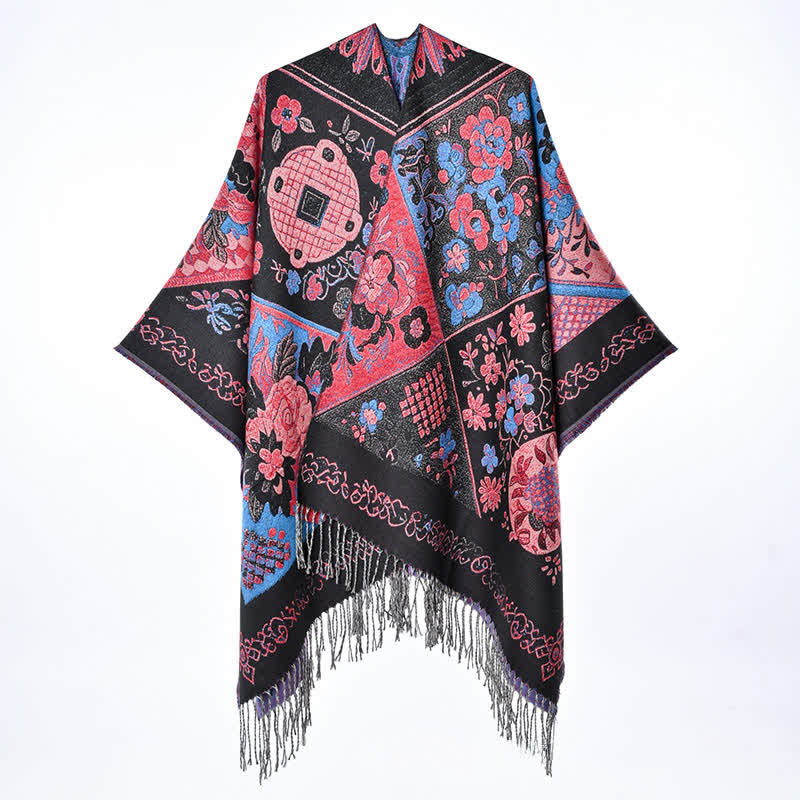 Buddha Stones Chal de mujer estilo boho con estampado floral y borlas, ideal para otoño e invierno. - image 1