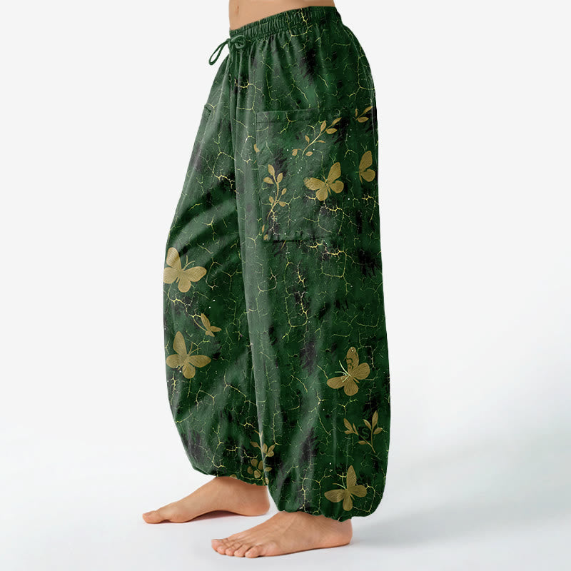 Buddha Stones Pantalones harem de algodón con estampado botánico de mariposas y efecto craquelado, cintura elástica y bolsillos laterales para mujer. - image 1