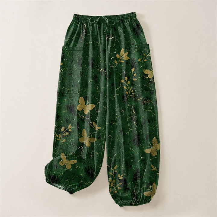 Buddha Stones Pantalones harem de algodón con estampado botánico de mariposas y efecto craquelado, cintura elástica y bolsillos laterales para mujer. - image 3