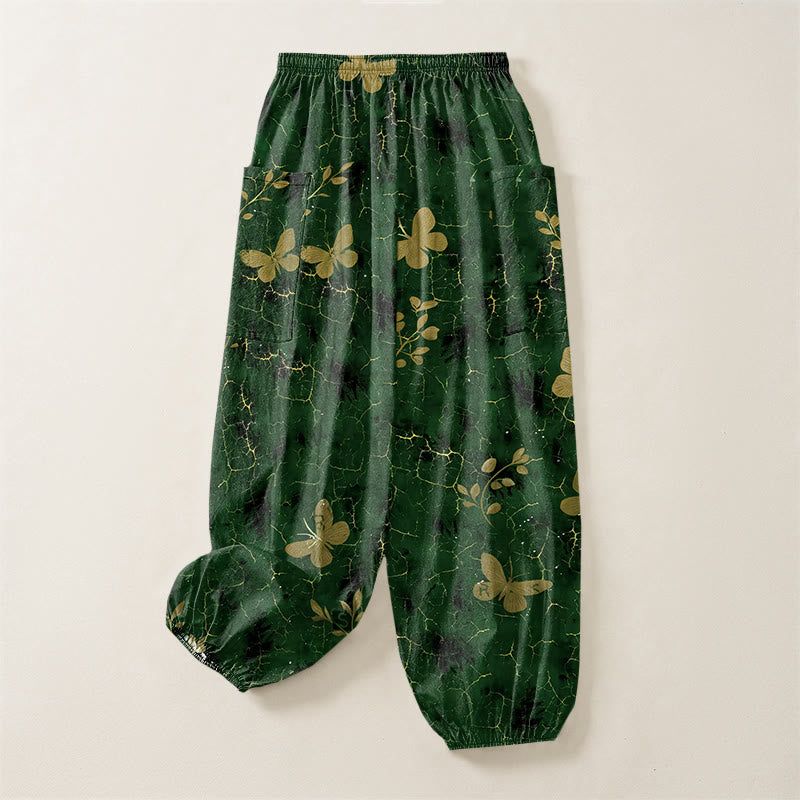 Buddha Stones Pantalones harem de algodón con estampado botánico de mariposas y efecto craquelado, cintura elástica y bolsillos laterales para mujer. - image 4
