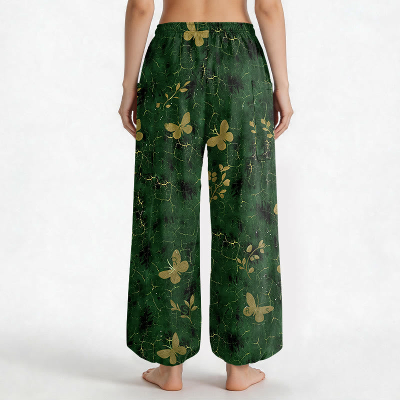 Buddha Stones Pantalones harem de algodón con estampado botánico de mariposas y efecto craquelado, cintura elástica y bolsillos laterales para mujer. - image 2