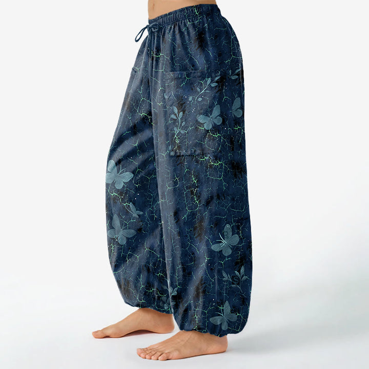 Buddha Stones Pantalones harem de algodón con estampado botánico de mariposas y efecto craquelado, cintura elástica y bolsillos laterales para mujer. - image 11