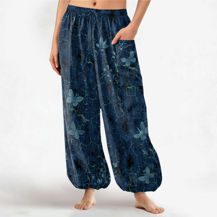 Buddha Stones Pantalones harem de algodón con estampado botánico de mariposas y efecto craquelado, cintura elástica y bolsillos laterales para mujer. - Marina de guerra - US16，UK/AU20，EU48 (3XL) - image 10