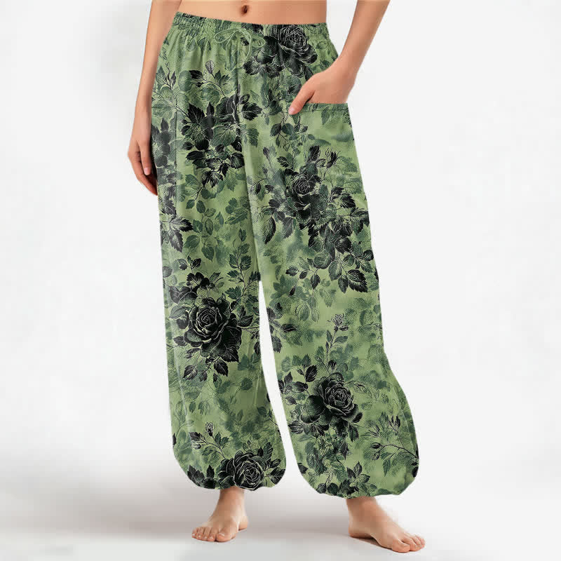 Buddha Stones Pantalones harem de algodón vintage con estampado floral negro para mujer, cintura elástica y bolsillos laterales. - Verde claro - US16，UK/AU20，EU48 (3XL) - image 0