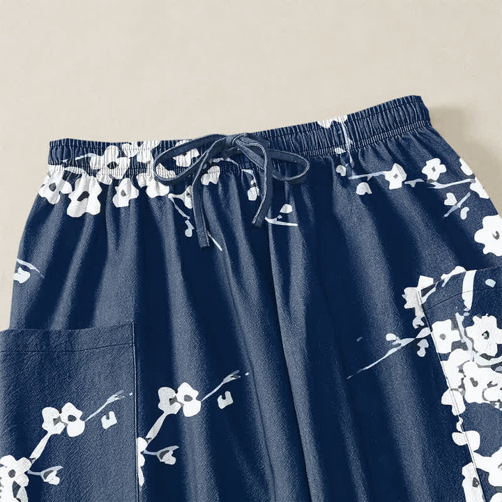 Buddha Stones Pantalones harem de algodón blanco con estampado de flores de ciruelo y cintura elástica para mujer, con bolsillos laterales. - image 5
