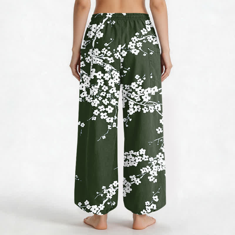 Buddha Stones Pantalones harem de algodón blanco con estampado de flores de ciruelo y cintura elástica para mujer, con bolsillos laterales. - image 9