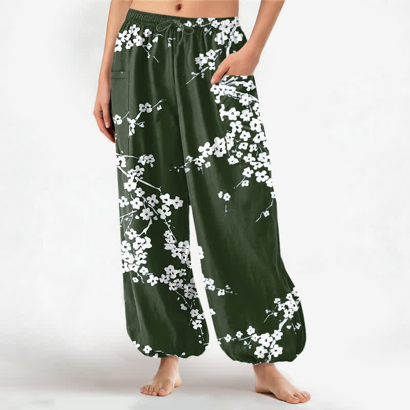 Buddha Stones Pantalones harem de algodón blanco con estampado de flores de ciruelo y cintura elástica para mujer, con bolsillos laterales. - Verde oscuro - US16，UK/AU20，EU48 (3XL) - image 7