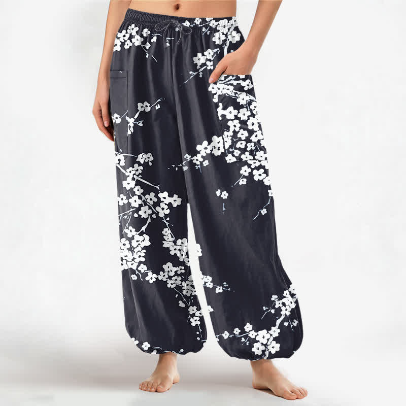 Buddha Stones Pantalones harem de algodón blanco con estampado de flores de ciruelo y cintura elástica para mujer, con bolsillos laterales. - Negro - US16，UK/AU20，EU48 (3XL) - image 10